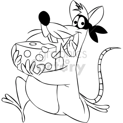 black and white cartoon rat running with huge piece of cheese