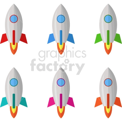 six colorful cartoon rockets