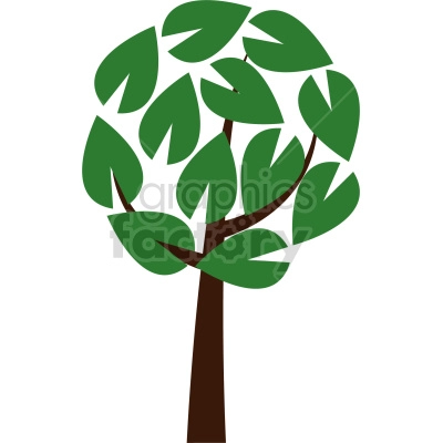 The clipart image shows a logo design of a tree with large dark green leaves, representing nature. It is a stylized representation of a tree, with a thick trunk and branches that extend outwards, forming a canopy of leaves at the top. The design is simple and graphic, with a focus on the organic shape of the tree and its foliage.
